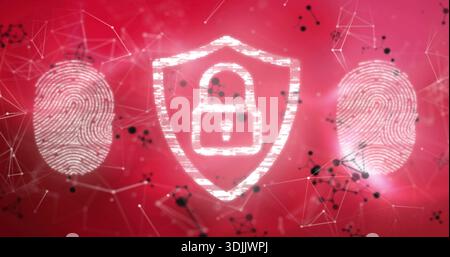 Glowing central shield with padlock protecting digital network, showing fingerprint icons Stock Photo