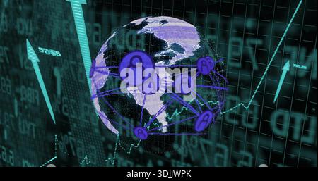 Rotating 3D digital globe showing purple user icons and connecting network lines on HUD Stock Photo
