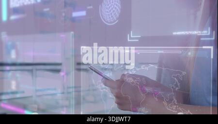 Holding smartphone, woman's hands projecting glowing AR world map in modern office, light-blue top Stock Photo
