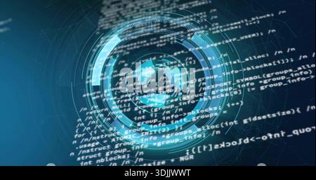 Rotating central holo interface projecting streaming code in dark teal cyber field, with mesh Stock Photo