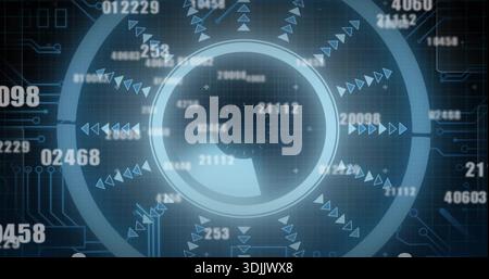 Displaying central HUD with rings, reticle, radial chevrons, grid and numeric readouts on dashboard Stock Photo