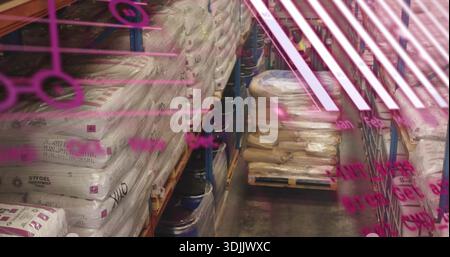 Displaying stacked white bagged pallets wrapped in plastic in storage aisle, with magenta panel Stock Photo