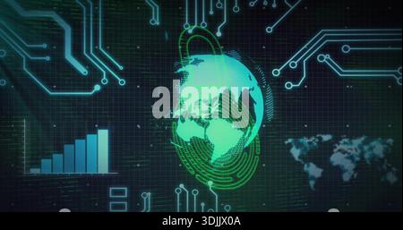 Glowing holographic globe spinning on dashboard, showing circuit lines, ascending bars, world map Stock Photo