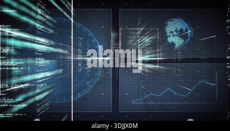 Displaying holographic data interface spreading on navy grid, showing radar, code, seam, streaks Stock Photo
