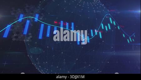 Displaying candlestick cluster tracing turquoise trend line in virtual UI, with wireframe globe Stock Photo