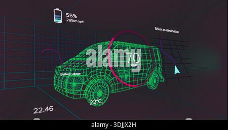Displaying neon green wireframe SUV rotating in virtual 3D grid, with magenta speed gauge Stock Photo