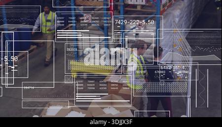 Inspecting three workers in hi-vis vests checking boxes and tablet on warehouse floor, HUD overlays Stock Photo