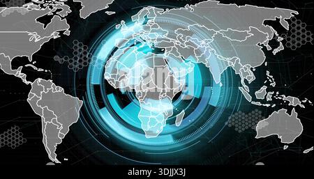 Displaying digital world map with concentric cyan HUD rings on virtual interface, showing nodes Stock Photo