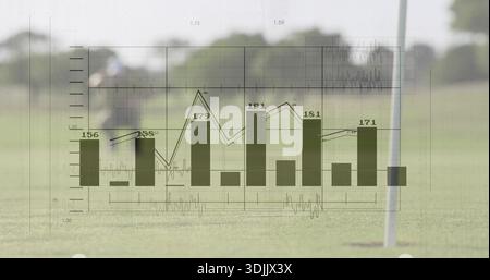 Displaying faint bar line chart overlaying fairway, showing flagstick, blurred man in dark cap coat Stock Photo