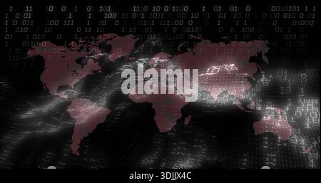 Displaying stylized maroon world map pulsing across dark virtual plane, with binary digits overlay Stock Photo
