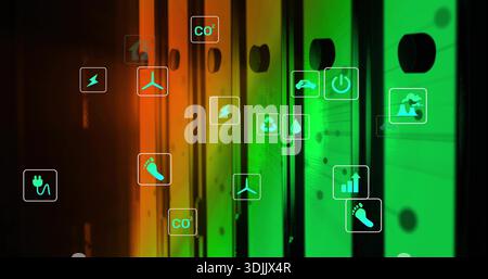 Showing metal rack panels in data center bay, displaying energy icons and orange-green light Stock Photo