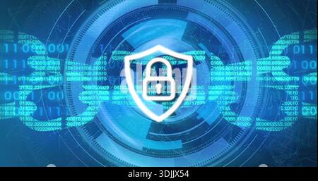Displaying bright white shield with padlock floating in cybersecurity interface, with HUD rings Stock Photo