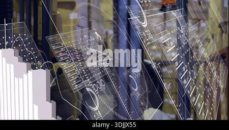 Standing man in suit and striped tie surveying equipment racks in data center, with HUD overlays Stock Photo