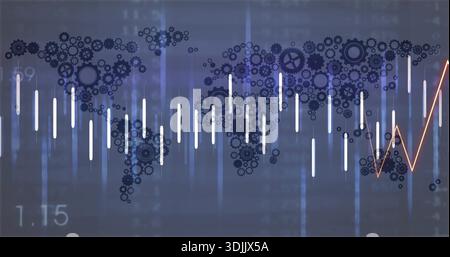 Displaying gear-formed world map on digital dashboard, showing white data bars and orange line Stock Photo