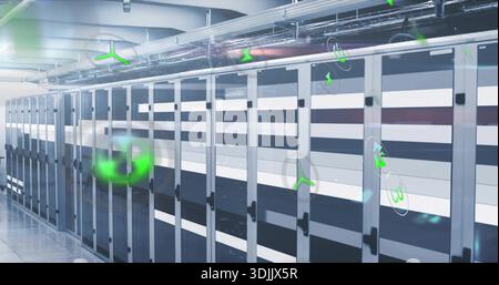 Showing centered server rack row running cyan LED code panels in data ...