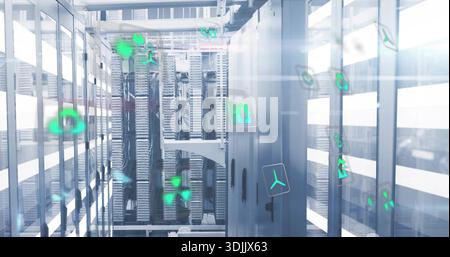 Displaying central server rack corridor in data center, showing racks, cabling, switches, holograms Stock Photo