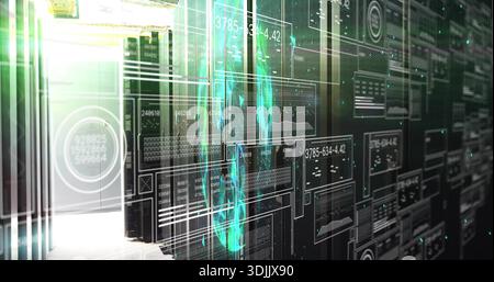Showing cluster of server racks displaying digital dashboards in server room aisle, with teal globe Stock Photo