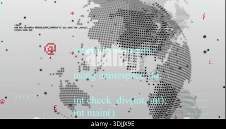 Displaying halftone dotted globe centered in digital workspace, showing monospaced code, red glyphs Stock Photo