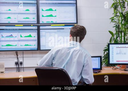 Curved wooden workstation displaying green charts on six wall screens, with potted plant near desk. Analytics, monitoring, dashboards, data, office, m Stock Photo