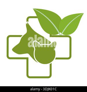 illustration veterinary clinic logo design with dog and cat on the background of a medical cross with a leaf Stock Vector