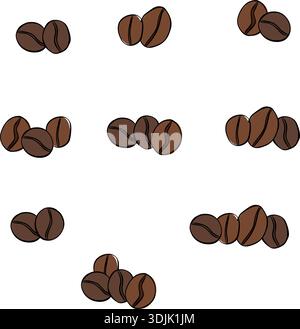 Coffee beans icon set. Cafe composition hand drawn illustration. Vector graphic line ink colored art. Silhouette sign for logo, print, comics, fashion Stock Vector