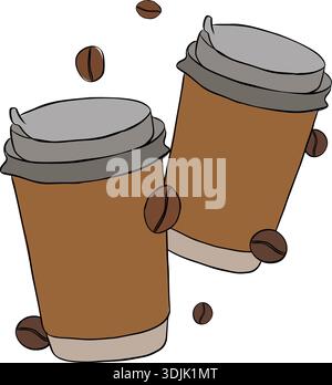 Flying Coffee paper cups with coffee and beans aCafe composition hand drawn illustration. Vector graphic line ink colored art. Espresso, americano cup Stock Vector