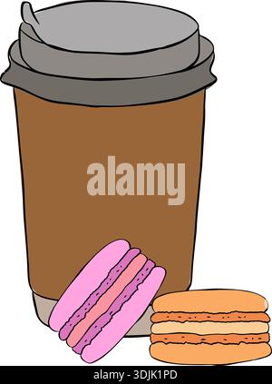 cup of coffee takeaway with macaron Cafe composition hand drawn illustration. Vector graphic line ink colored art. background for banners, print for f Stock Vector