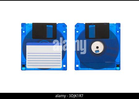 Two blue translucent 3.5 inch floppy disks isolated on white background. Stock Photo