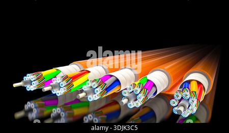 Fiber optic cables black background 3d Stock Photo
