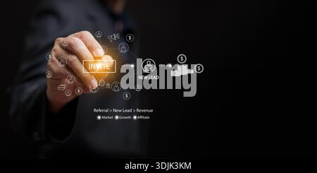 Business referral marketing concept. Hand with stylus touching invite button to generate new lead and revenue. Affiliate growth, generation strategy, Stock Photo