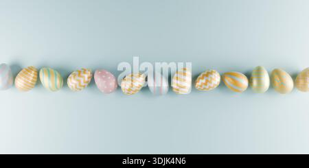 A row of pastel colored Easter eggs with various patterns on a light blue background for Easter. 3d rendering Stock Photo