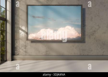 A framed photo of clouds and blue sky hangs on a textured wall with sunlight streaming in. 3d rendering Stock Photo
