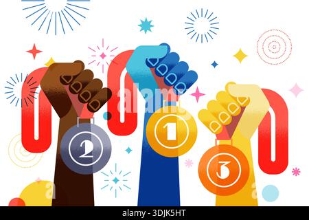 Vector illustration of three hands with gold, silver, bronze medals. Prize, reward, champion trophy, award design elements for championship winners, q Stock Vector