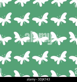 Cute White Butterfly Seamless Pattern on green Background Stock Vector