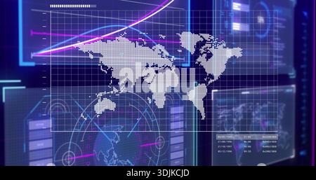 Displaying dotted world map on translucent grid panel at control room showing magenta, cyan graphs Stock Photo