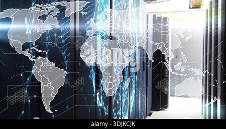 Glowing server racks showing blue LEDs and trays in data center aisle, with world map overlay Stock Photo