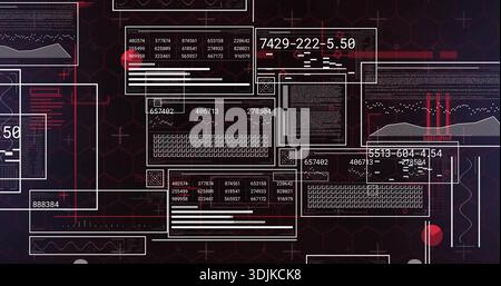 Showing translucent UI panels displaying number tables, bars, waveforms and red markers on hex HUD Stock Photo