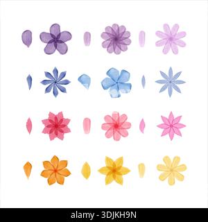 Collection of watercolor flowers and separate petals arranged in four rows. Colors include purple, blue, pink, and yellow. Stock Vector