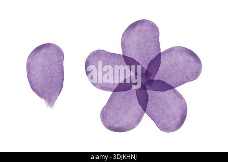Blooming purple watercolor flower with five translucent petals next to a distinct single petal shape. The artistic illustration features vibrant purple tones on a crisp white backdrop. Stock Vector