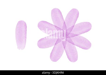 A gentle purple watercolor flower with multiple overlapping petals forms a circular shape. Beside it, a single matching purple brushstroke adds artistic flair on the clear white background. Stock Vector