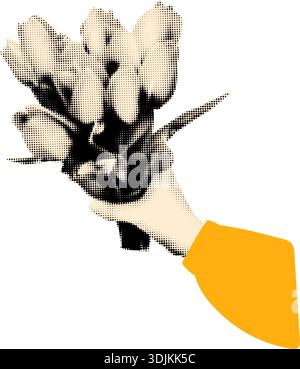 Halftone hands holding tulips cut out vector illustration Stock Vector