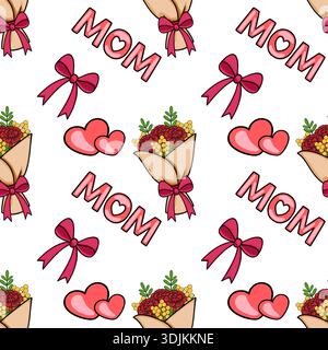 Seamless vector pattern of "MOM" text with hearts, bows, and floral bouquets for Mother's Day Stock Vector