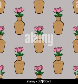 Seamless vector pattern of pink roses in clay vases on a muted background Stock Vector