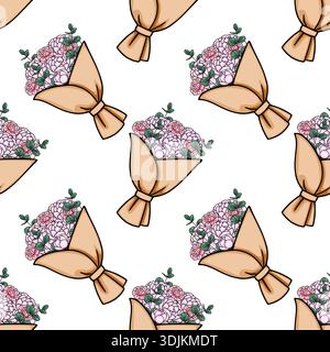 Seamless vector pattern of pink peonies and eucalyptus branches wrapped in brown paper, flat design Stock Vector