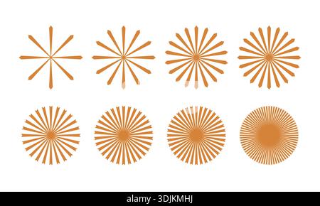 Geometric vintage concentric round sunburst, starburst with radial stripes. Circular radiating rays lines, vector abstract shapes. Stock Vector