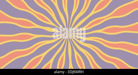 Psychedelic background with wavy sunburst rays in yellow, peach, and purple groovy tones. Psychedelic wavy composition with radiating curved lines Stock Vector