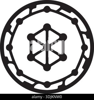 Black and white abstract geometric symbol with a central hexagonal grid of connected dots inside a decorative circular border, isolated on white. Stock Vector