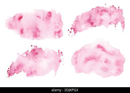 Soft Pink Watercolor Splashes Set. Painted watercolour blot with stains and ink drops, isolated on white background. Vector illustration Stock Vector