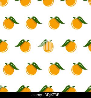 Seamless pattern orange fruits with green leaves on a white background. Abstract fruit background Stock Vector