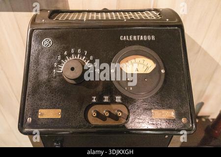 KRAPINA, CROATIA, 01.02.2026:Vintage Calentador X-ray machine panel with large dial gauge, Amper meter, and three switches. Stock Photo